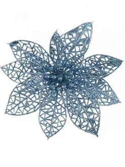 Christmas Warehouse Blue Glitter Netted Vein Leaf Poinsettia Decorative Christmas Flower Pick - 14Cm> Christmas Picks