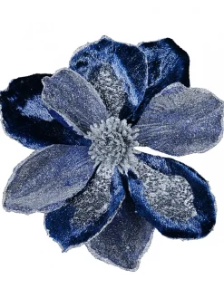 Christmas Warehouse Dark Blue With Silver Glitter Magnolia Decorative Christmas Flower Pick - 22Cm> Christmas Picks