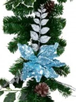 Christmas Warehouse Decorated Blue Poinsettia, Pine Cone, Foliage & Baubles Pine Garland - 2.7M><noscript><img width=