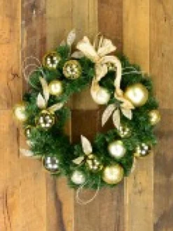 Christmas Warehouse Decorated Gold & Champagne Bauble, Leaf Stem & Bow Pine Wreath - 45Cm><noscript><img width=