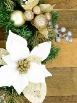 Christmas Warehouse Decorated White Poinsettia, Mistletoe, Berries & Baubles Pine Wreath - 45Cm><noscript><img width=