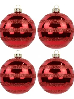 Christmas Warehouse Festive Red Gloss Christmas Bauble Decorations With Glitter Stripes - 6 X 70Mm> Bauble Packs