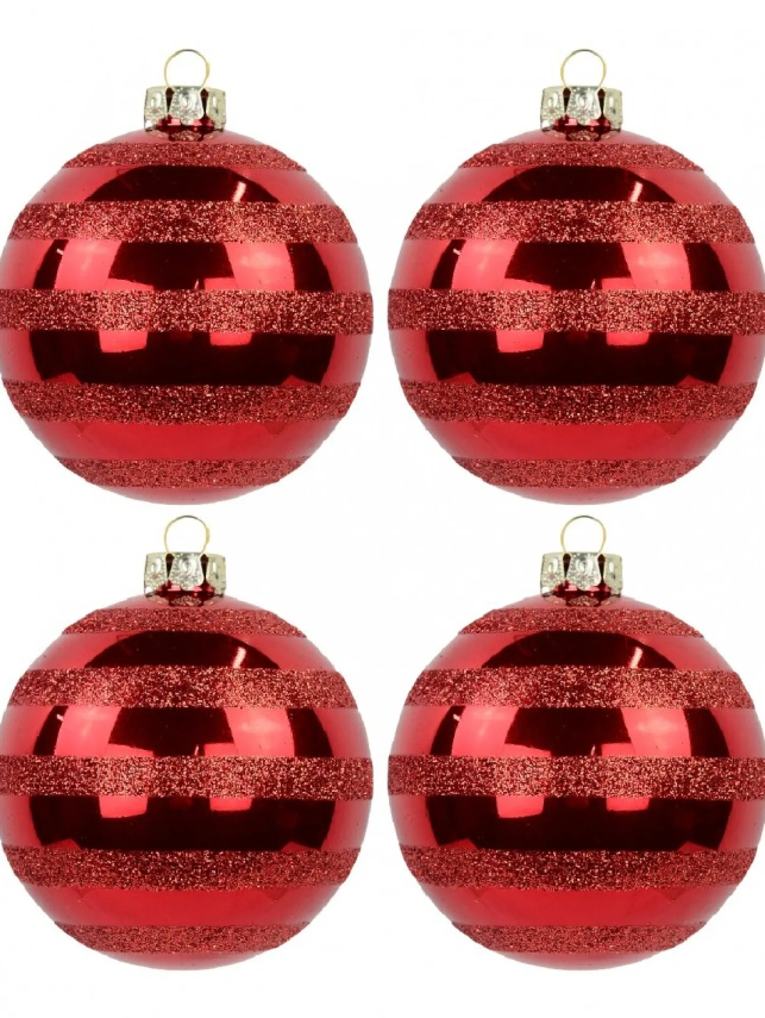 Christmas Warehouse Festive Red Gloss Christmas Bauble Decorations With Glitter Stripes - 6 X 70Mm> Bauble Packs