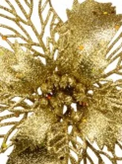 Christmas Warehouse Gold Glitter Petal & Leaf Poinsettia Decorative Christmas Flower Pick - 18Cm> Christmas Picks