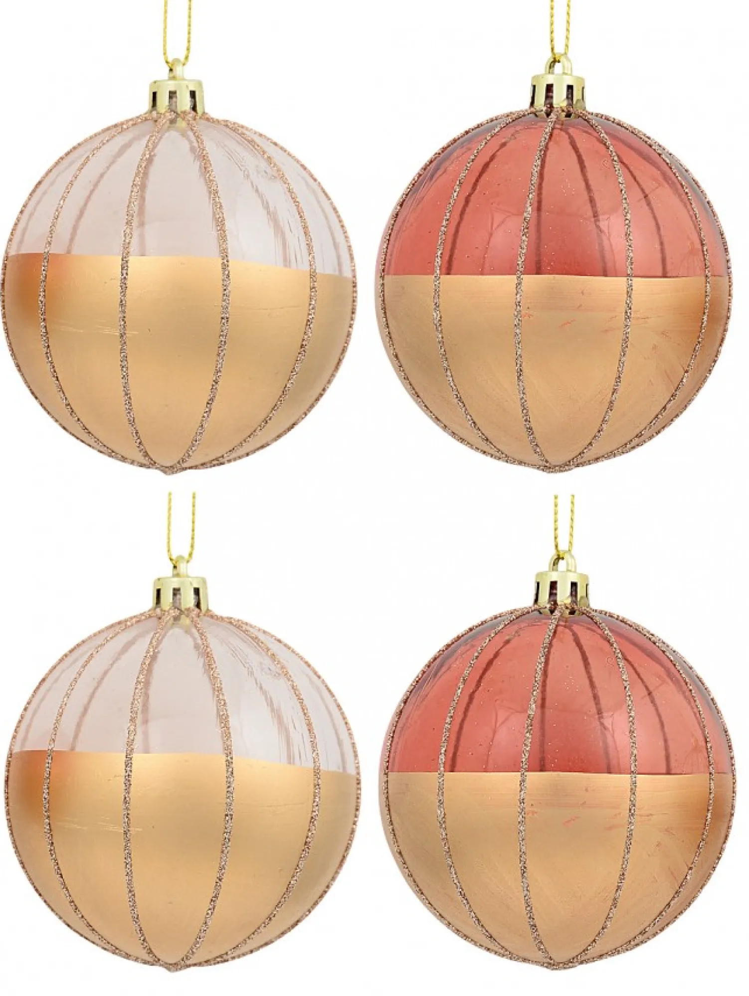 Christmas Warehouse Gold With Rose Gold Or Clear & Gold Glitter Lines Christmas Baubles - 4 X 80Mm> Bauble Packs