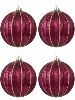 Christmas Warehouse Matte & Shiny Burgundy Baubles With Antique Finish & Glitter Lines - 4 X 10Cm> Bauble Packs