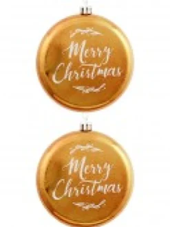 Christmas Warehouse Merry Christmas Font On Gold Disc Christmas Hanging Decorations - 2 X 11Cm> Hanging Decorations - Packs