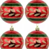 Christmas Warehouse Metallic Red Christmas Baubles With Gold Glitter & Green Patterns - 4 X 80Mm> Bauble Packs