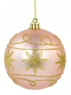 Christmas Warehouse Pink & Gold Christmas Baubles With Gold Glitter Stars & Swirls - 4 X 80Mm><noscript><img width=