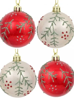 Christmas Warehouse Red & Pearl Christmas Baubles With Glitter Leaves & Dots Pattern - 4 X 80Mm> Bauble Packs