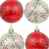 Christmas Warehouse Red & Pearl Christmas Baubles With Glittered Leaves & Dots Pattern - 6 X 60Mm> Bauble Packs