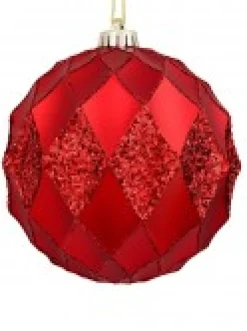 Christmas Warehouse Red Diamond Pattern Textured Large Christmas Baubles With Glitter - 2 X 15Cm> Bauble Packs