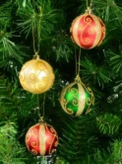 Christmas Warehouse Red, Green & Gold Baubles With Gold Filigree Pattern & Thick Stripe - 6 X 60Mm><noscript><img width=