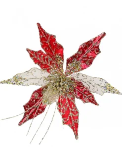 Christmas Warehouse Red Velvet & Metallic Sheer Cactus Decorative Christmas Flower Pick - 22Cm> Christmas Picks