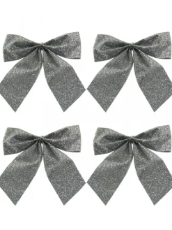 Christmas Warehouse Silver Glittered Christmas Tree Bow Decorations - 6 X 80Mm> Christmas Bows
