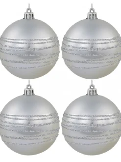 Christmas Warehouse Silver Matte Baubles With Thick Shiny & Thin Glittered Stripes - 4 X 80Mm> Bauble Packs