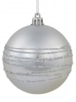 Christmas Warehouse Silver Matte Baubles With Thick Shiny & Thin Glittered Stripes - 4 X 80Mm> Bauble Packs