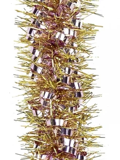 Christmas Warehouse Soft Pink Ribbon Look & Gold Pine Needle Christmas Tinsel Garland - 2.7M> Tinsel