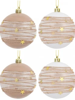 Christmas Warehouse Taupe, White & Clear Baubles With Gold Stars & Glitter Lines - 6 X 60Mm> Bauble Packs