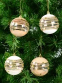 Christmas Warehouse Taupe, White & Clear Baubles With Gold Stars & Glitter Lines - 4 X 80Mm><noscript><img width=