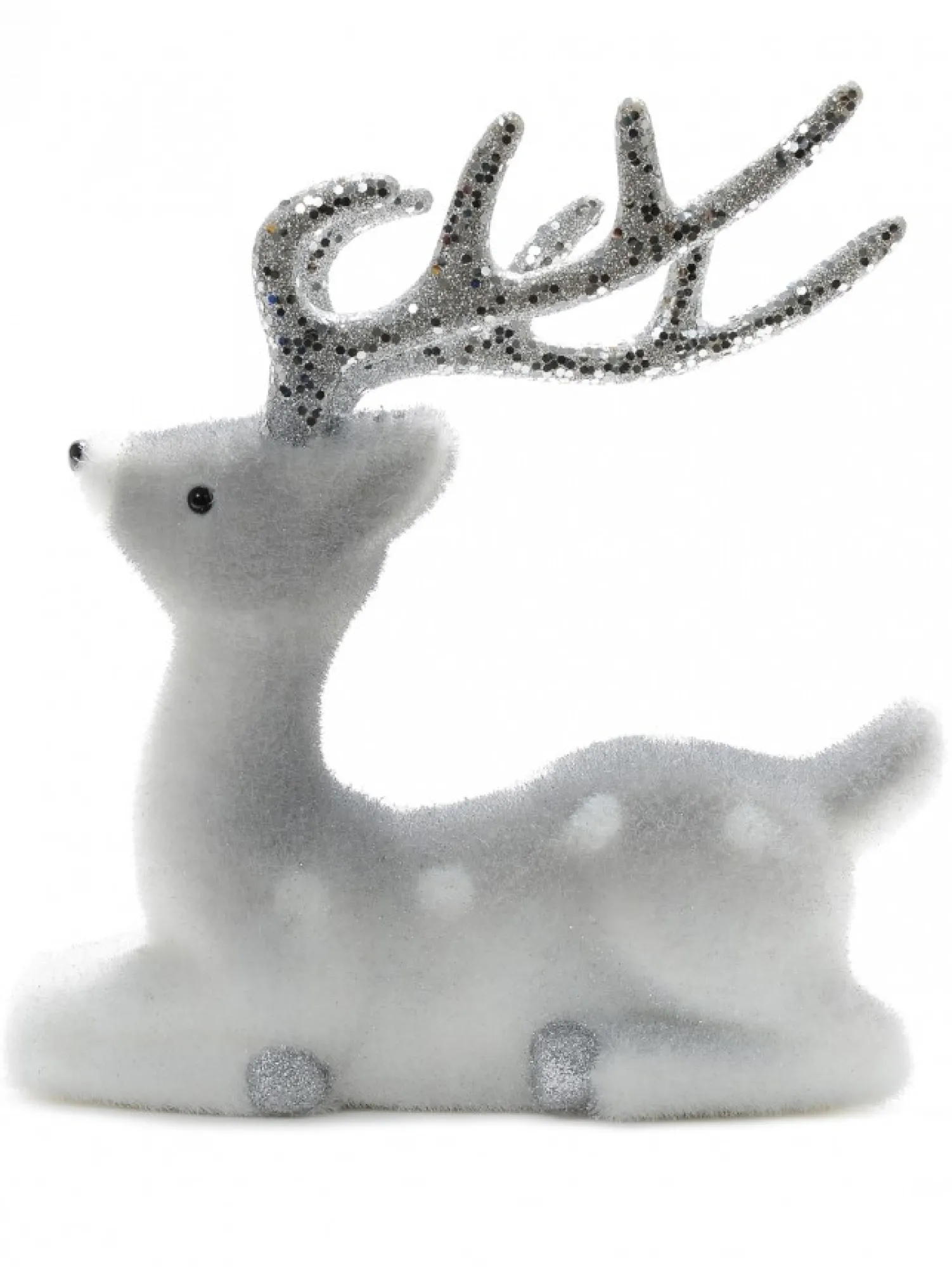 Christmas Warehouse White & Silver Glittered Flocked Sitting Christmas Reindeer Ornament - 24Cm> Reindeer